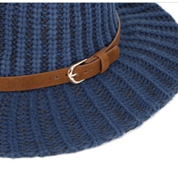 Stylish Blue Knit Fedora Hat with Brown Band - Picture 2 of 2